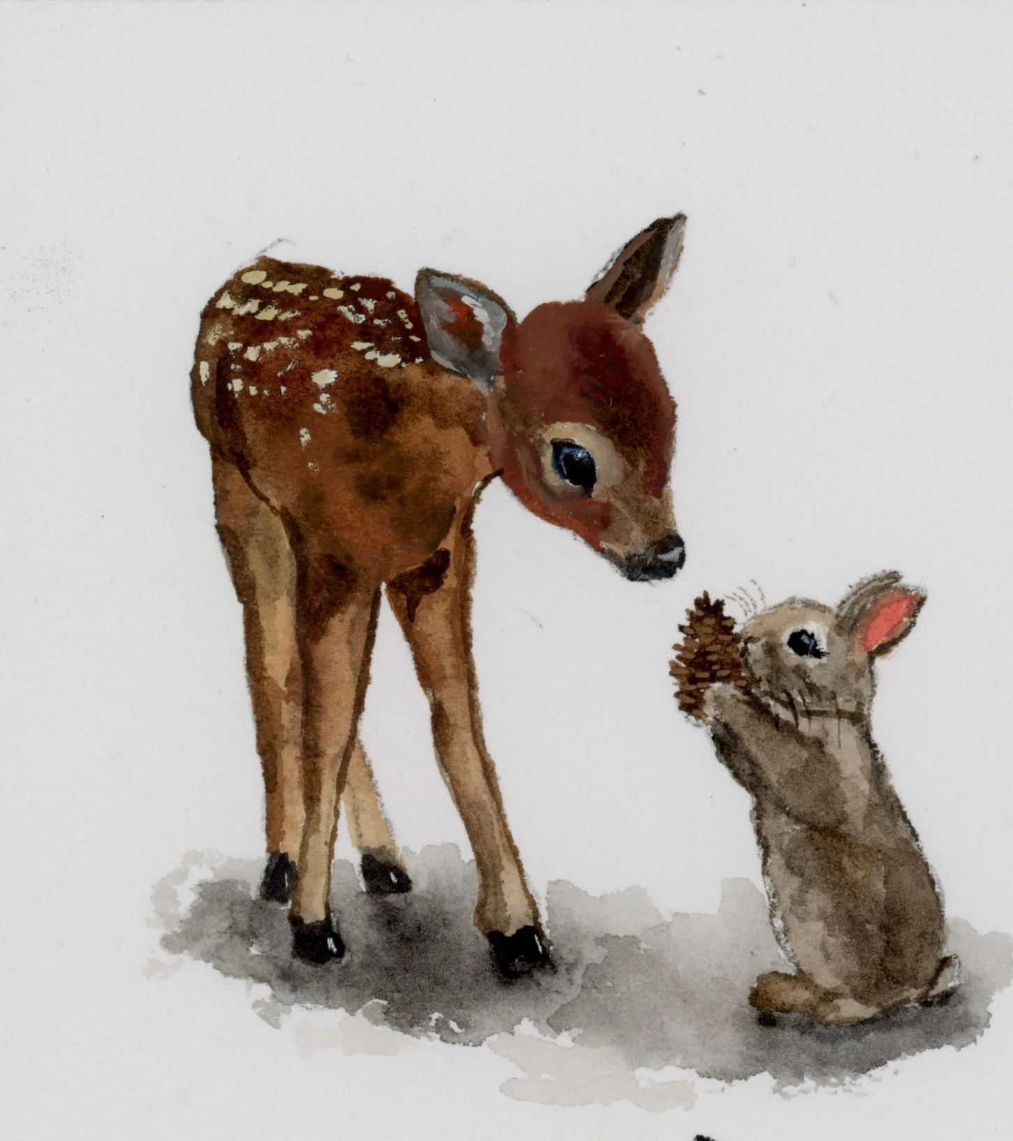 Watercolor illustration by Ruxandra Maille — a young spotted fawn leans down to meet a small bunny holding up a pinecone