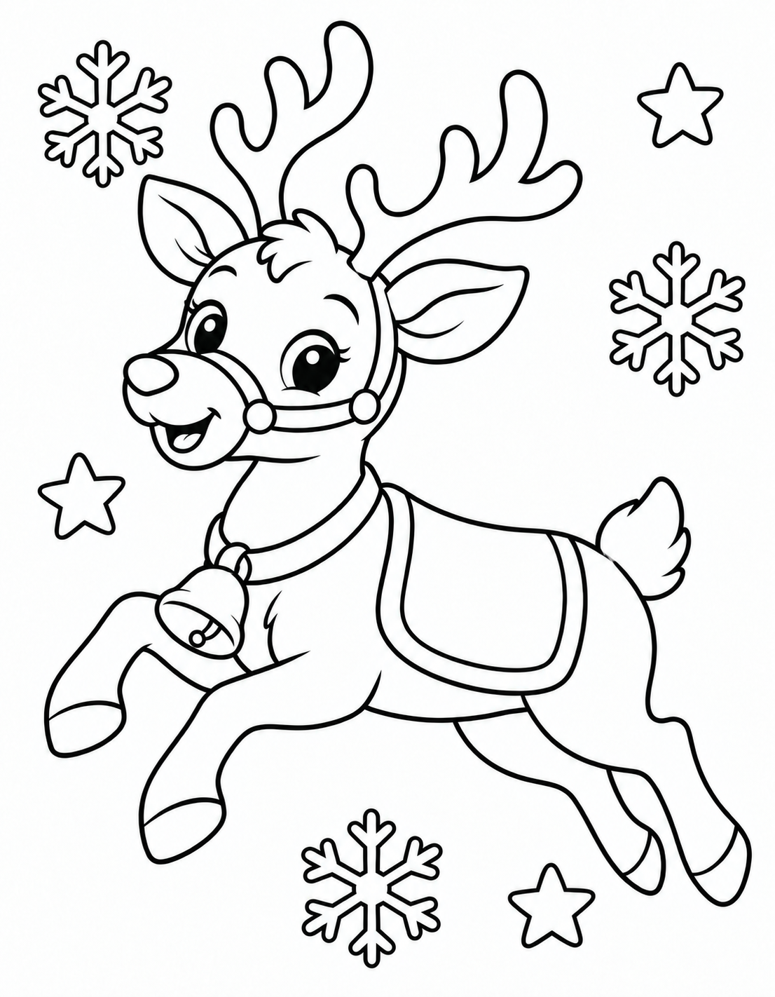 Printable coloring page of Jingle the reindeer flying through the sky, from When Reindeer Appear: Jingle’s Story.