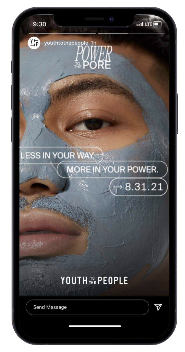 Close-up of a person with a blue facial mask, focusing on the eye and lips, with text overlay that says 'Power to the Pore' and motivational messages about being less in your way and more in your power. The image is displayed on a smartphone screen.