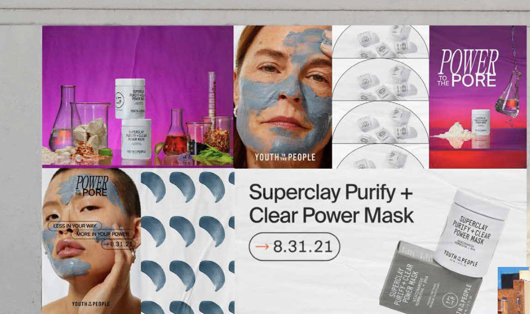 Promotional image for Youth to the People Superclay Purify + Clear Power Mask featuring colorful laboratory glassware, a woman with a facial mask, and product packaging with the release date 8.31.21.