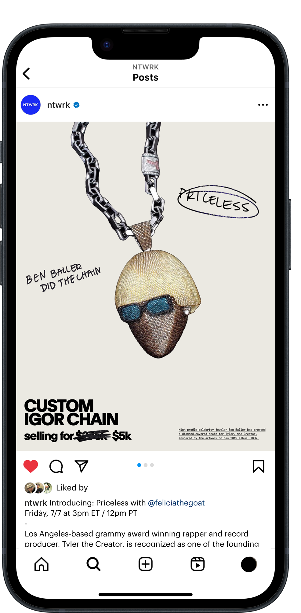 Instagram post showcasing a custom diamond chain featuring a pendant of rapper Tyler, the Creator's head with sunglasses, styled after his 2019 album IGOR, with handwritten notes and text about the chain's creation and sale.