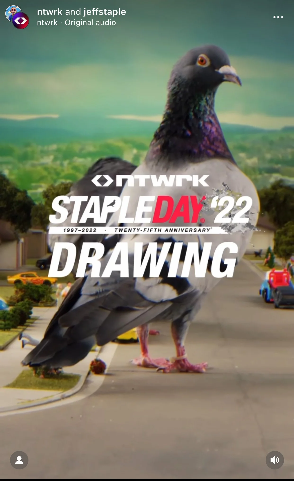 A giant pigeon in a neighborhood, with cars and houses in the background, overlaid with text promoting NTWRK's Staple Day 22 event.