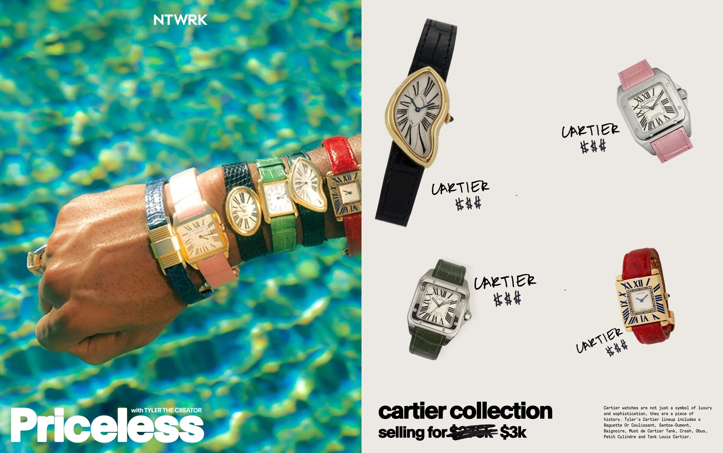 Left side shows a hand with several colorful Cartier watches stacked on the wrist, against a pool background. Right side features five Cartier watches with handwritten labels and prices, including a gold, silver, black, and red band watch, with a not