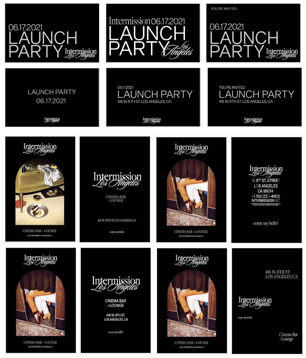 Collection of black and white flyers and posters promoting an event called 'Launch Party' at Intermission Los Angeles on June 17, 2021, with additional posters advertising a cinema bar and lounge with images of a person’s legs and a cozy interior.