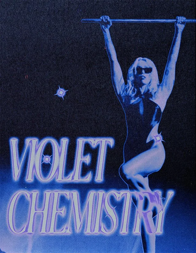 Poster of a woman in sunglasses holding a stick, with the text 'Violet Chemistry' in glowing purple letters and star-like decorations, all in a neon blue glow.