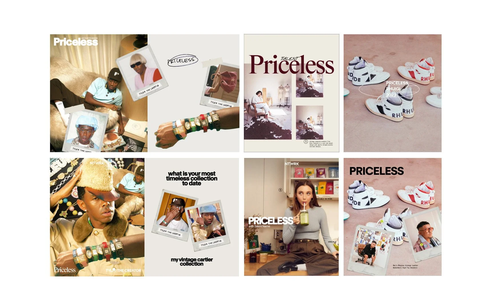 Collage of fashion and lifestyle photos with the word 'Priceless' in various fonts. Includes images of young people, fashion accessories, shoes, and polaroid-style photos.