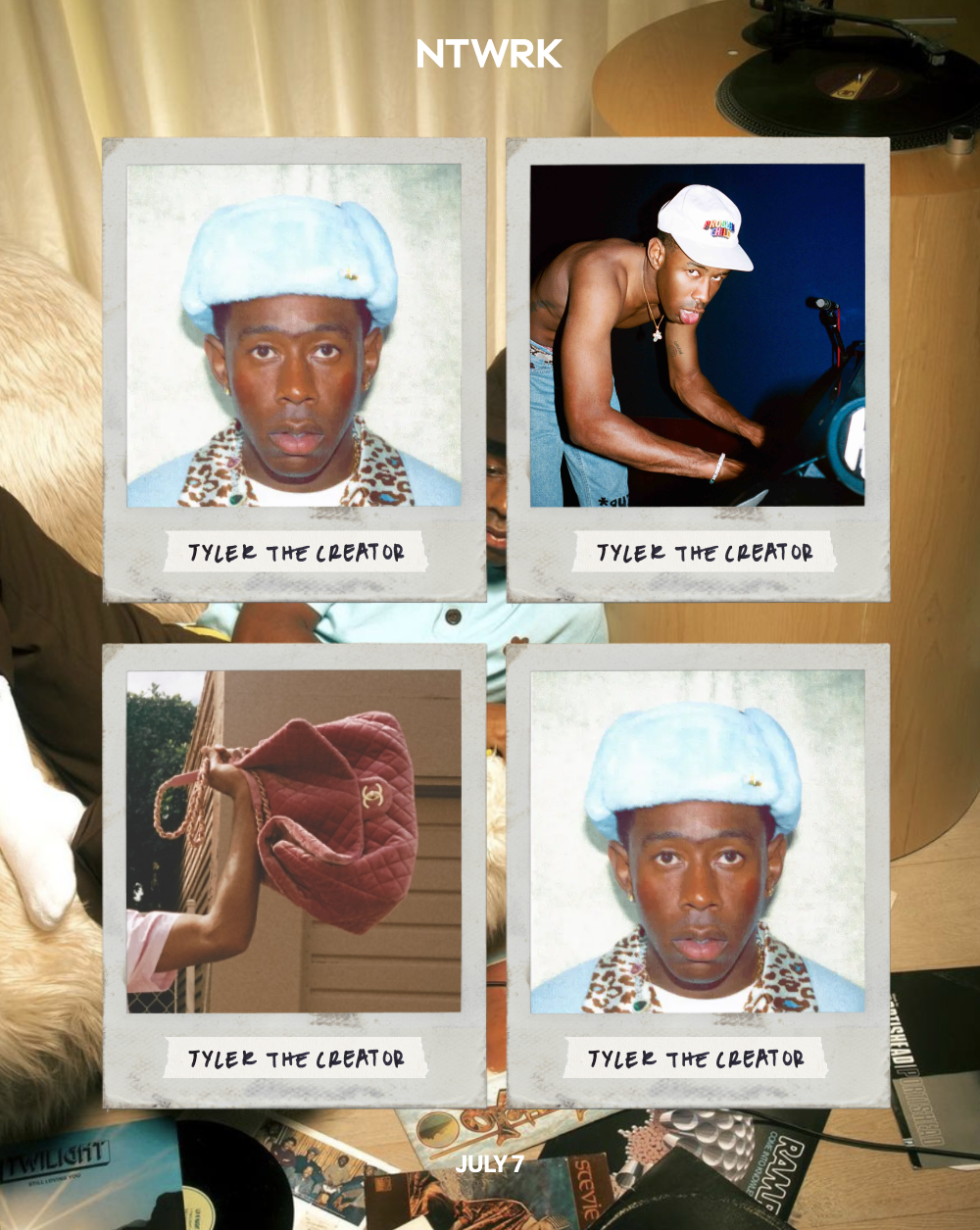Four Polaroid-style photographs labeled "TYLER THE CREATOR." The top left and bottom right images feature a young black man with short hair wearing a blue fuzzy hat and leopard print shirt. The top right image shows the same man shirtless, wearing a 