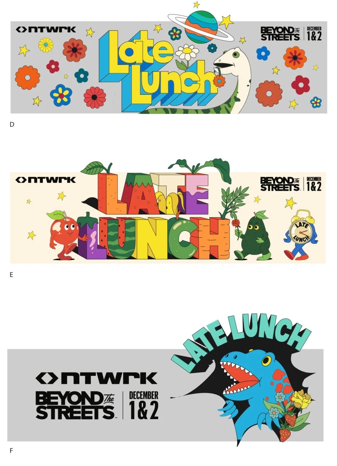 Three colorful banners advertising the show 'Late Lunch' on NWTRK and Beyond the Streets, featuring playful cartoon characters, flowers, a planet, and a dinosaur with flowers and strawberries.