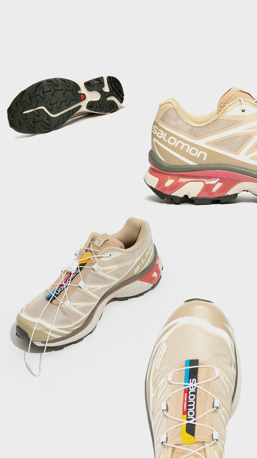 Salomon running shoes with a beige and red color scheme, shown from various angles, with the outsole visible in one shot.