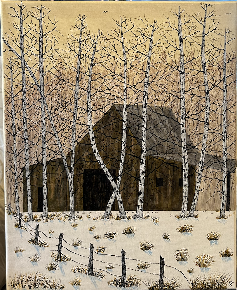 Winter Barn behind Birches- Print
