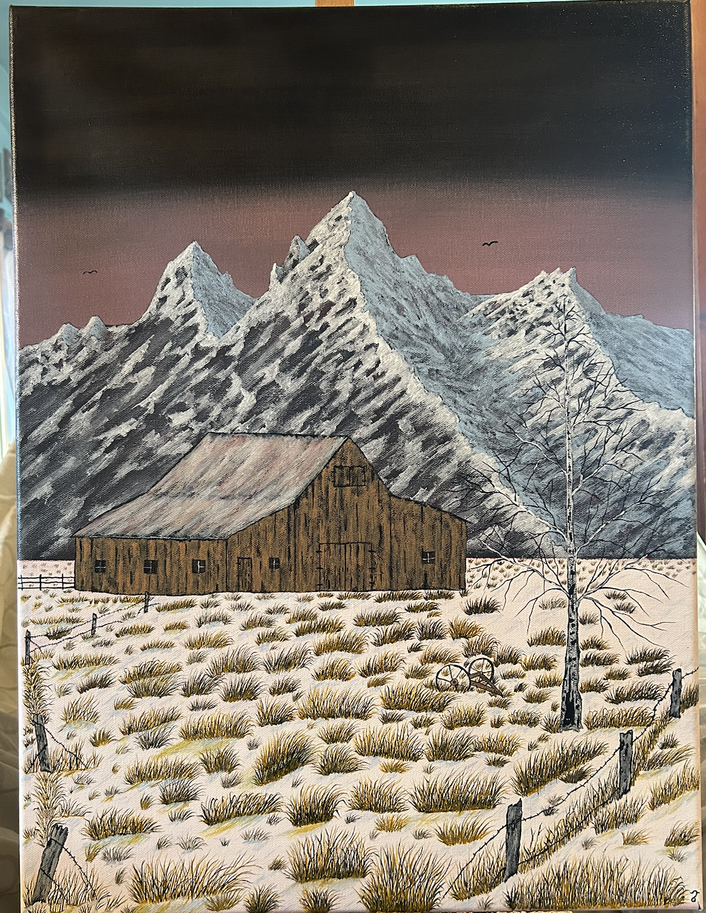 Winter barn in the mountains- Print