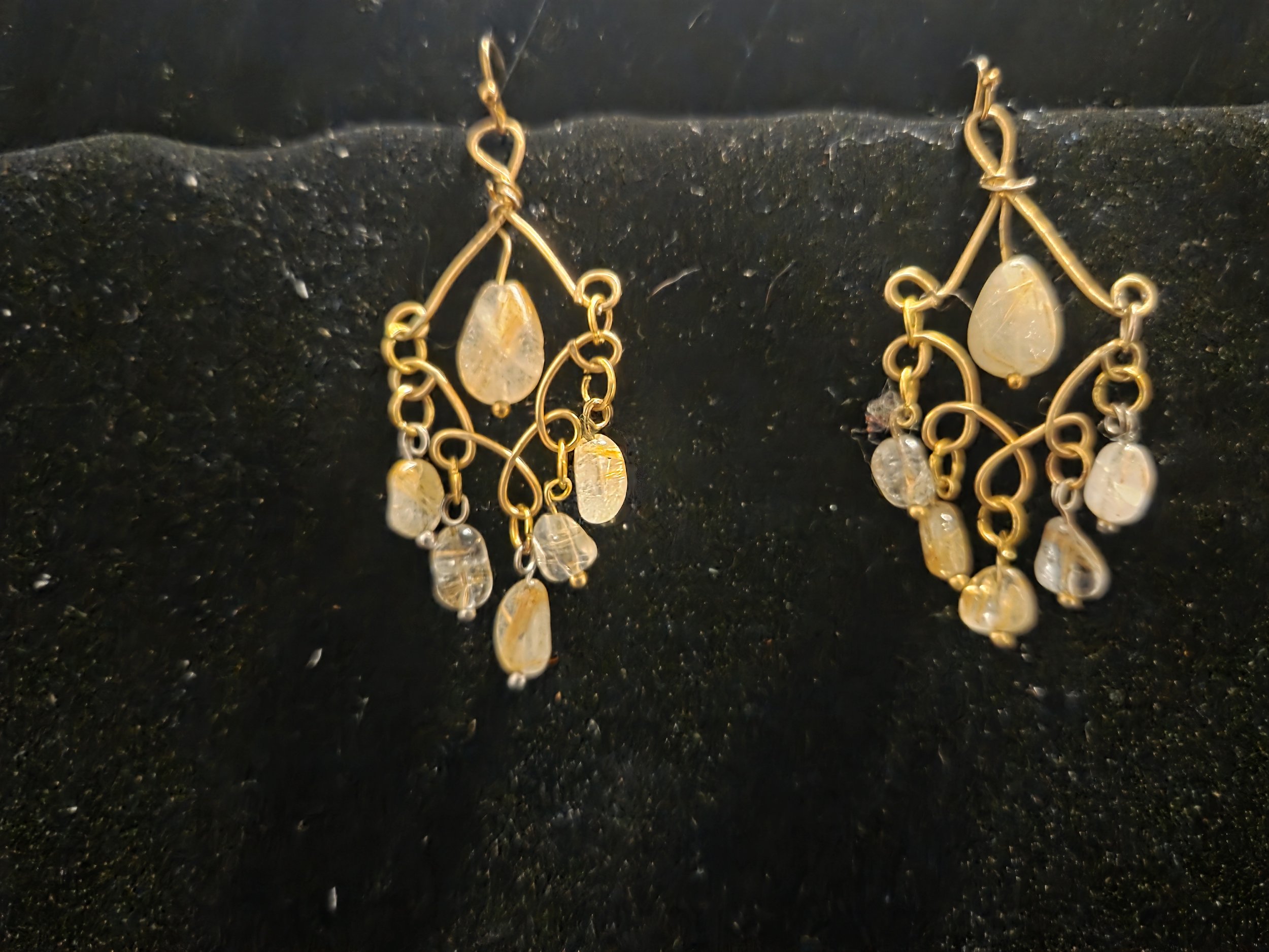 Handcrafted Natural Gold Rutile Quartz Chandelier Earrings