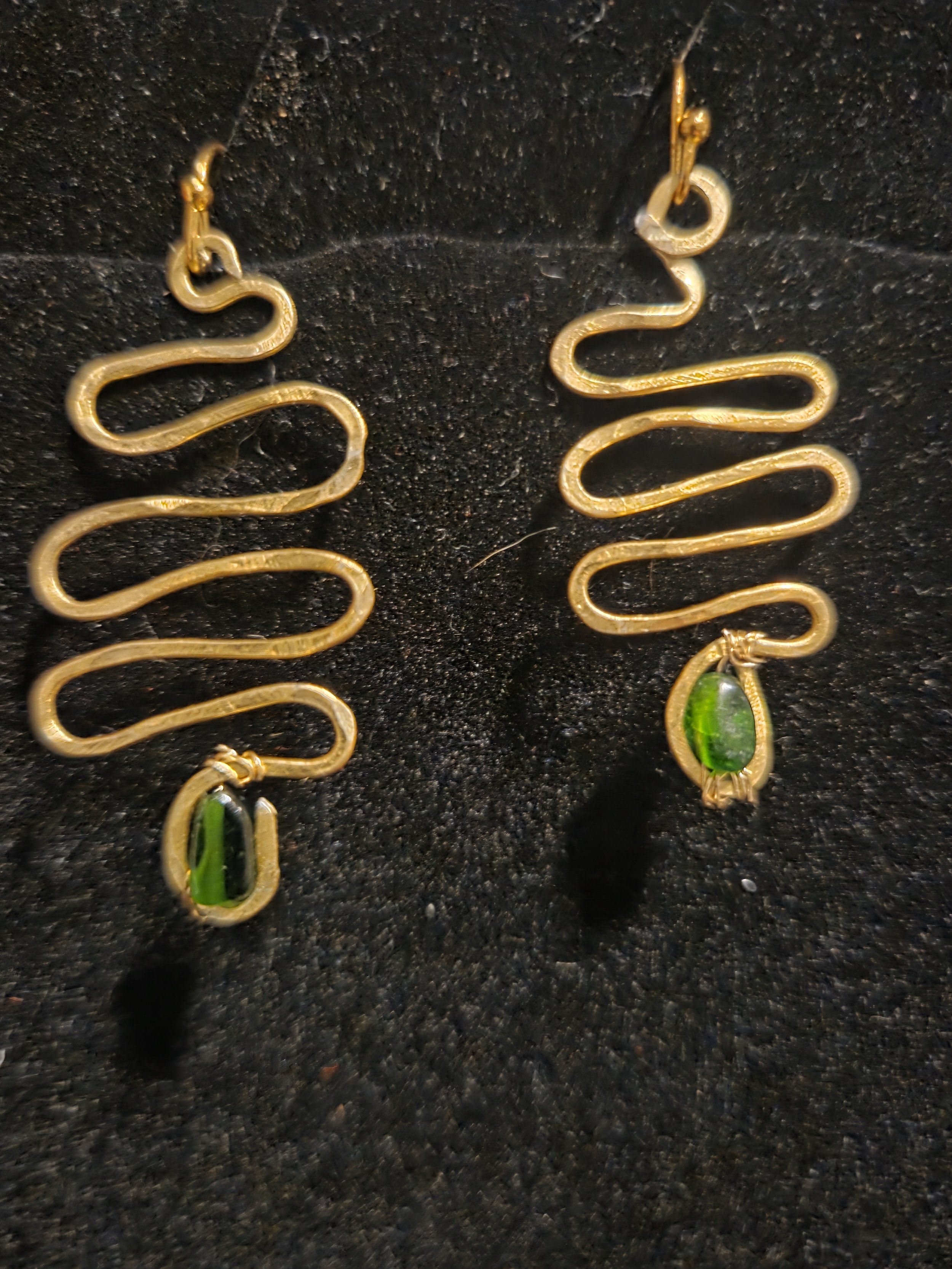Natural Chrome Dioptase Snake Earrings in Hammered Gold Tone