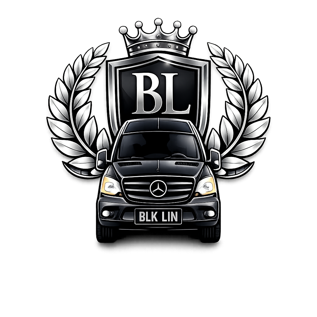 A black Mercedes-Benz van in front of a silver crest with a crown and the letters 'BL' and 'BLK LIN' on the license plate, surrounded by laurel leaves.