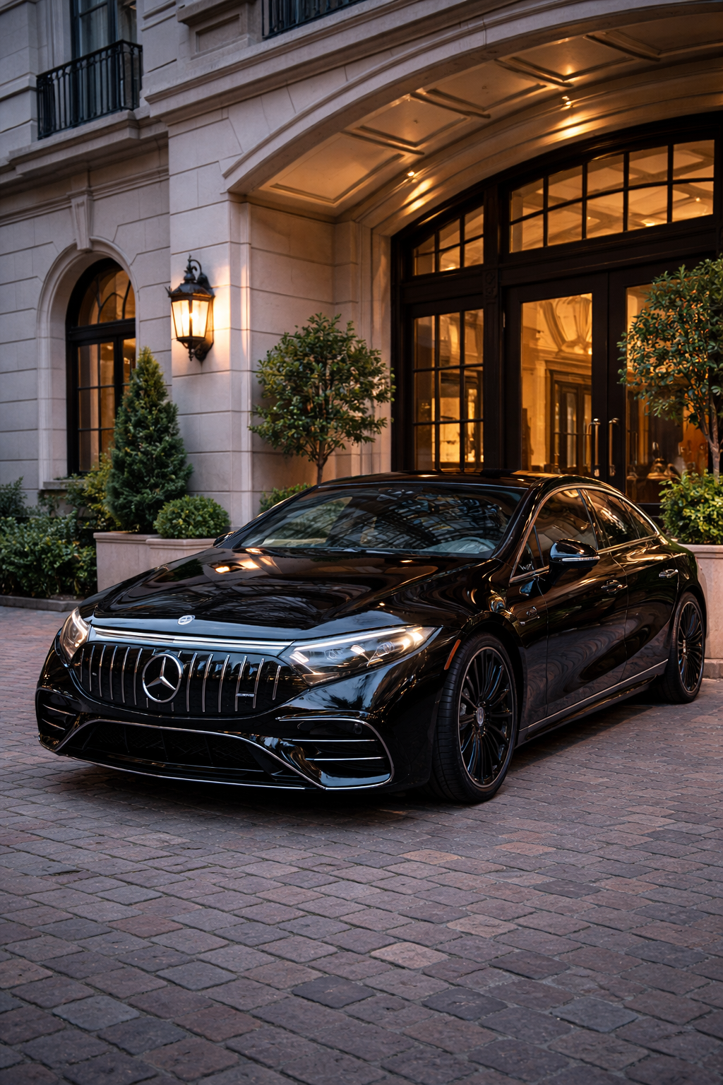 A black Mercedes-Benz luxury car parked outside a building with elegant architecture, large glass doors, potted plants, and warm exterior lighting.