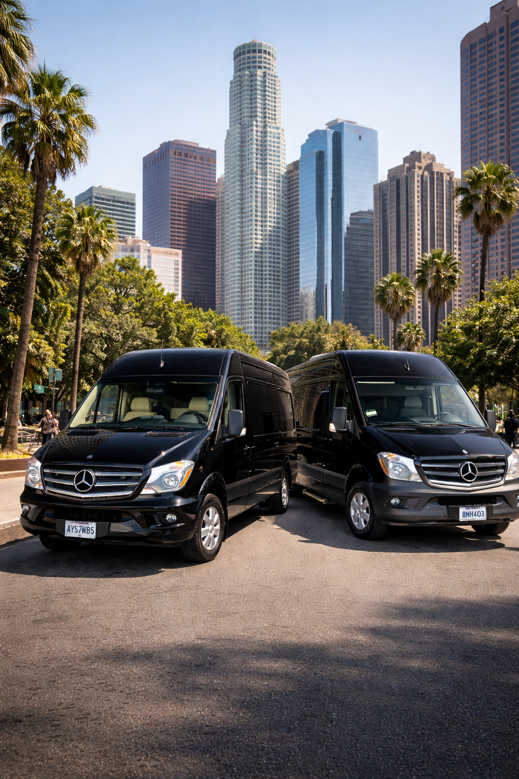 Two black Mercedes-Benz Sprinters parked side by side on a city street with tall skyscrapers and palm trees in the background.