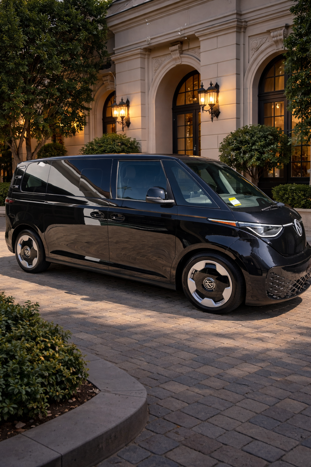 A black Volkswagen ID Buzz electric van parked in front of a luxurious building with arched windows and wall-mounted lanterns, surrounded by trees and shrubbery.