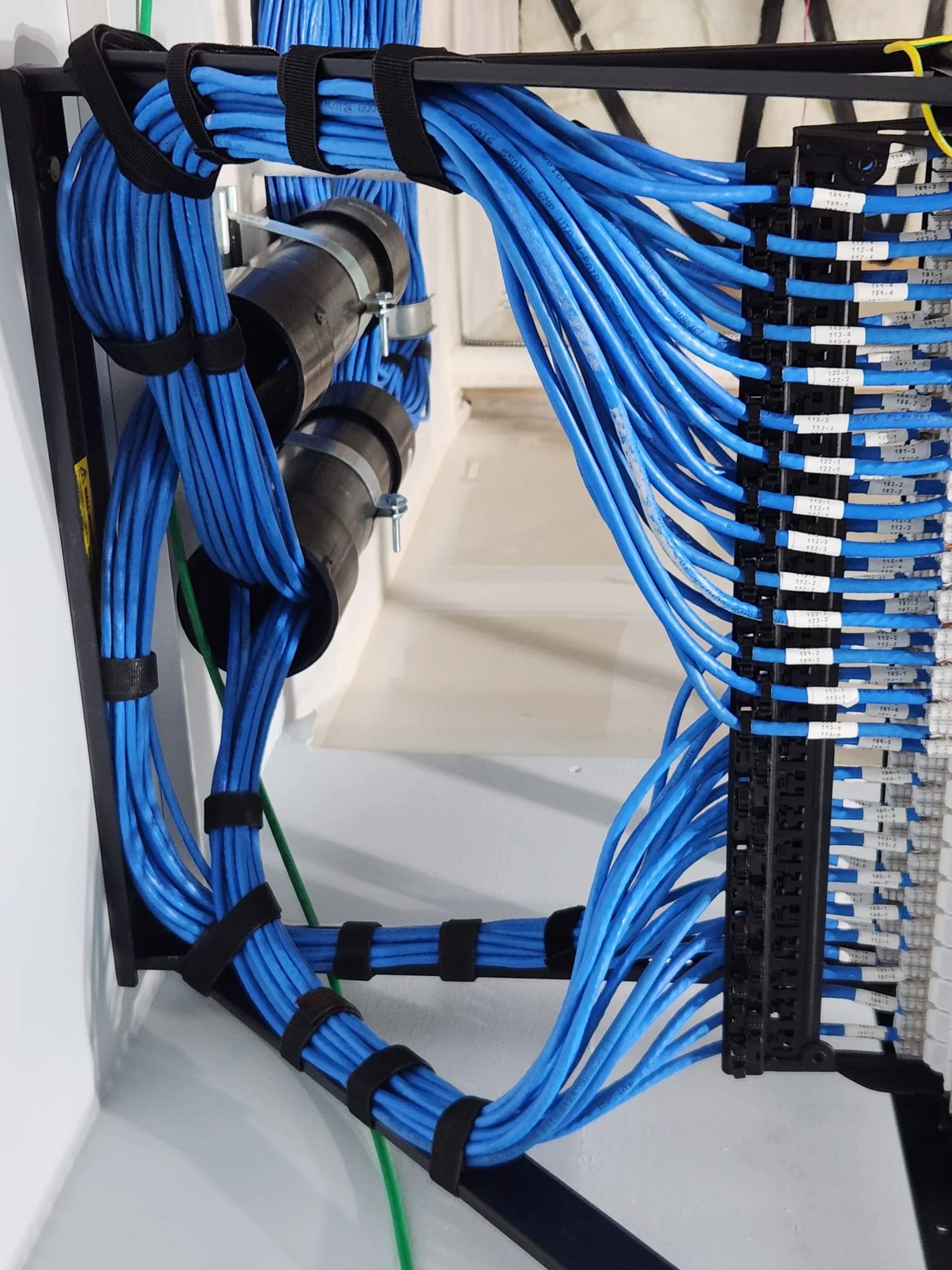 A bundle of blue Ethernet cables organized and secured with black cable ties, connected to a fiber optic patch panel rack with two black cylindrical couplers.