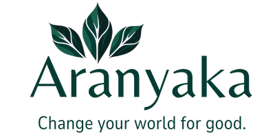 Aranyaka business logo with leaves and 'Change your world for good' tagline