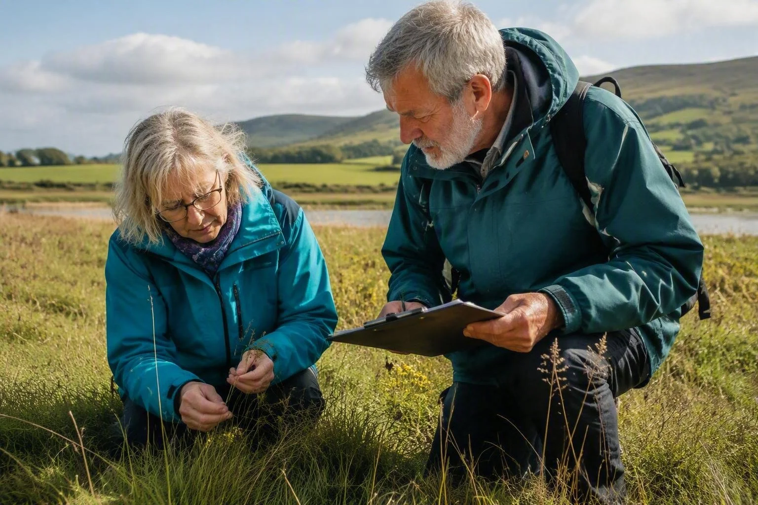 Senior male and female ecologists inspecting grassland