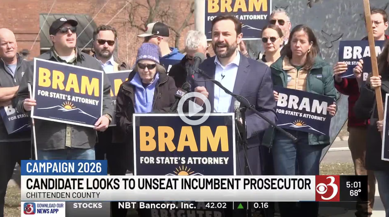 Screenshot of WCAX coverage of Bram Kranichfeld's launch
