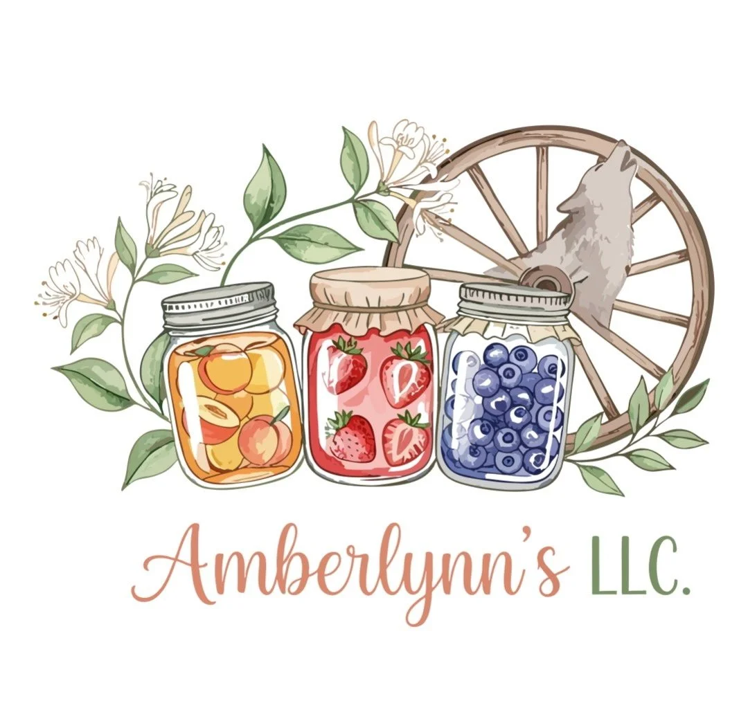 Illustration of three jars of fruit preserves with a flowering branch and a wagon wheel, and the text 'Amberlyn's LLC'.