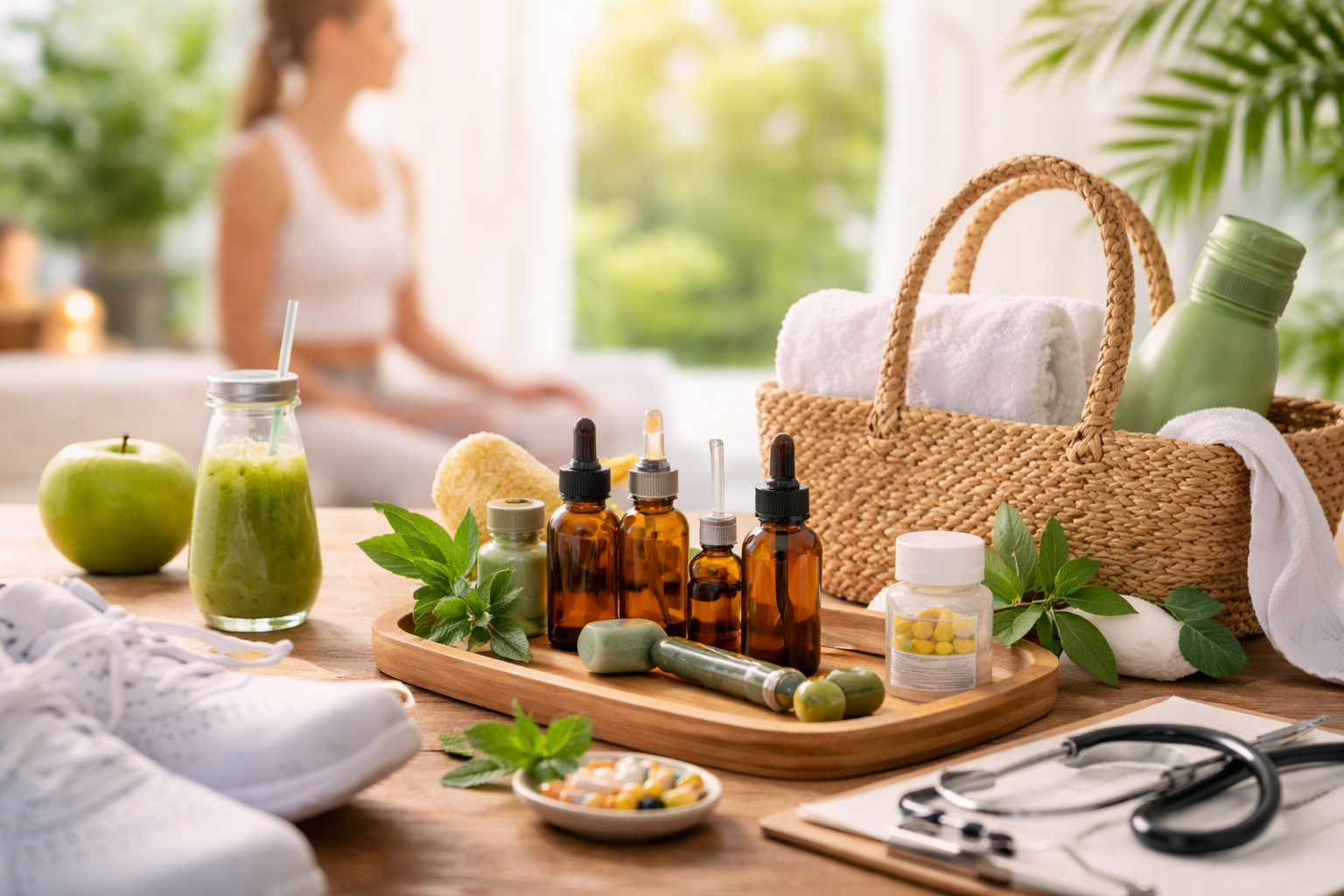 A wooden table with various health and wellness items, including brown medicine bottles, a pill container, herbal leaves, a green apple, a smooth stone, and towels inside a woven basket. In the background, a woman in white workout clothes is blurred, with lush greenery visible through a window.
