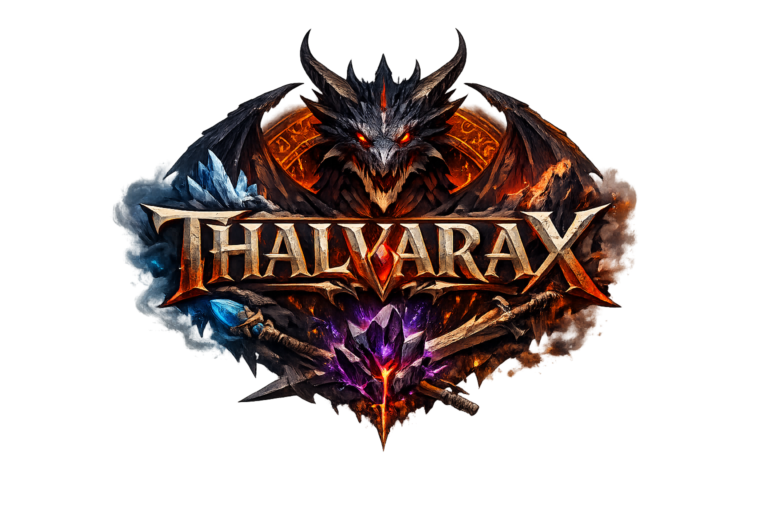 Fantasy video game logo with a fierce dragon head and the text 'Thalyarax' in stylized metallic letters, flames, lightning, and mystical symbols.