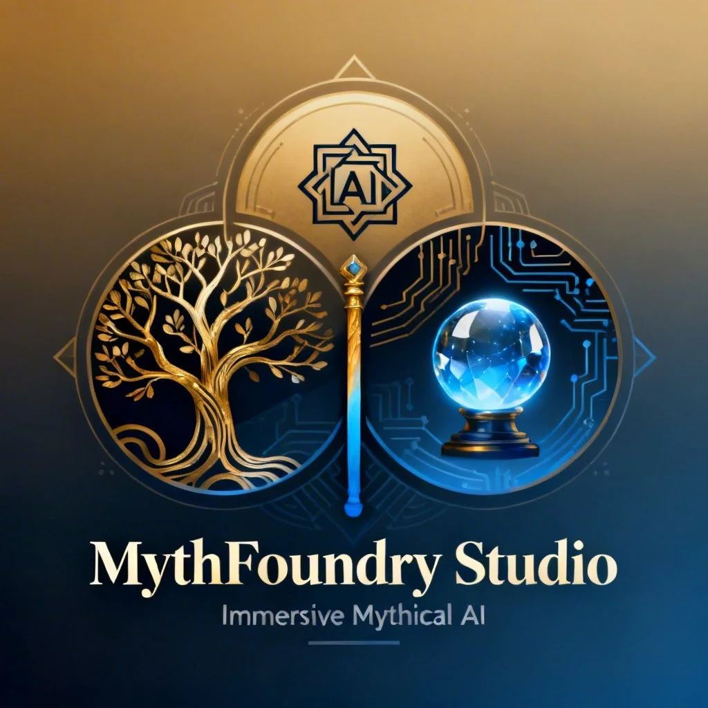 Logo for MythFoundry Studio featuring a tree and a crystal ball with circuits, and text that reads "MythFoundry Studio" and "Immersive Mythical AI."