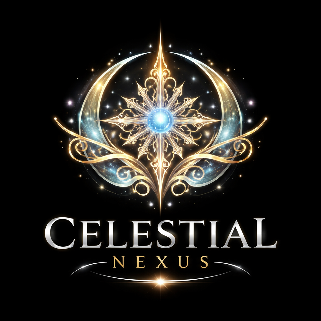 A glowing, ornate celestial emblem with gold and silver accents, a blue center, and radiant light effects, with the words 'CELESTIAL NEXUS' beneath it on a black background.