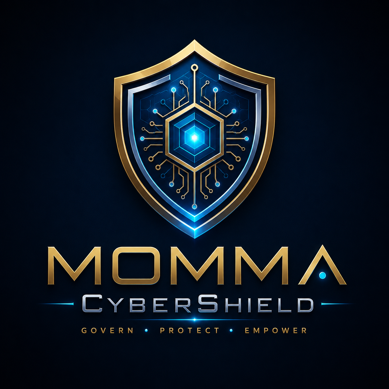 A digital graphic of a shield with a circuit-like pattern at the center, glowing in blue and gold, with the text 'MOMMA CYBERSHIELD' and the words 'Govern', 'Protect', 'Empower' underneath.