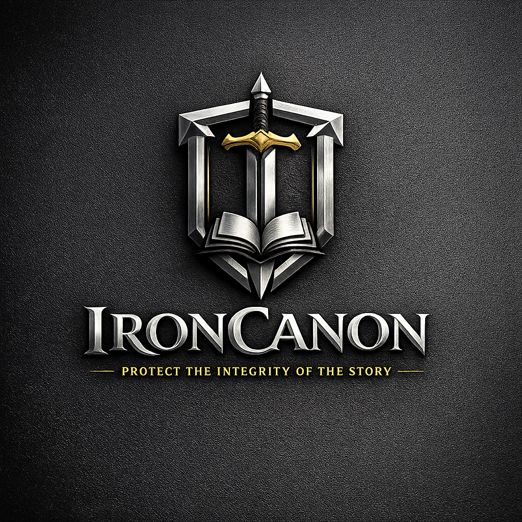 Logo for IronCannon featuring a shield with a sword, book, and metal design, with the tagline 'Protect the Integrity of the Story'.