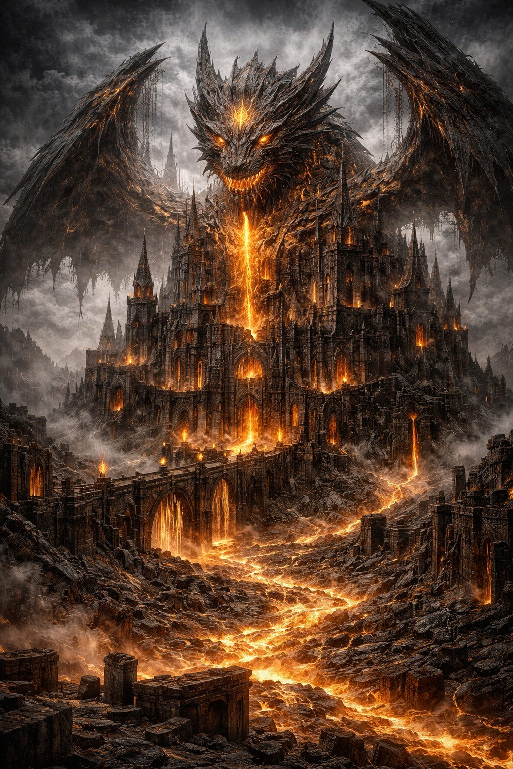 A colossal dragon with glowing eyes and fiery breath looming over a dark, fiery castle. The castle is engulfed in flames and lava, with cascading rivers of molten rock flowing from its structures. The scene is set in a dark, stormy sky, creating a fiery, apocalyptic atmosphere.