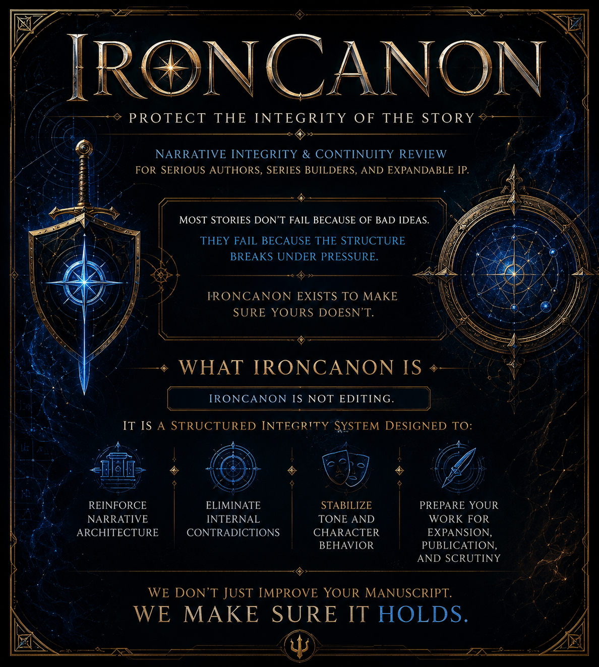 A promotional poster for IronConan, emphasizing narrative integrity and a structured integrity system for authors, series builders, and expandable intellectual property, featuring a sword and shield graphic design with celestial elements.