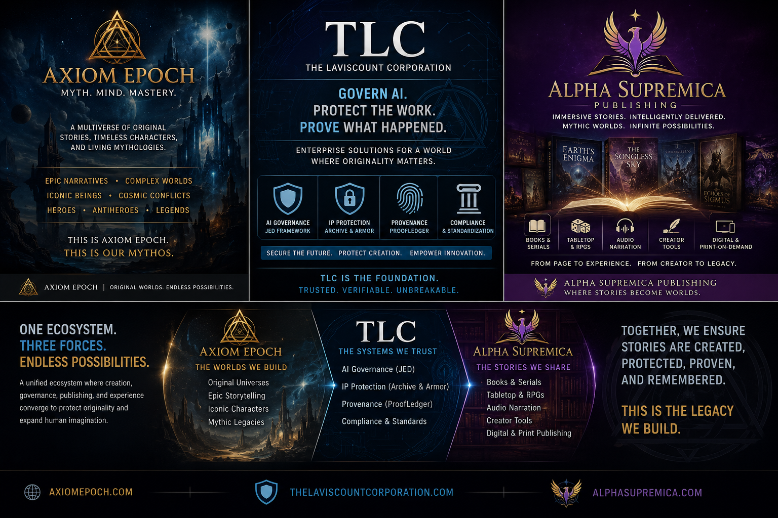 A digital infographic promoting a unified ecosystem of storytelling and technology. The top section features three parts: "Axiom Epoch" with a space and fortress background, highlighting epic narratives, mythic worlds, and original stories; "TLC" with a digital network background emphasizing governance, protection, provenance, and standards; and "Alpha Supremica" with a book and mystical symbols, showcasing immersive stories, books, serials, and creator tools. The bottom section illustrates the interconnected ecosystem with sections for creation, trust, sharing, and legacy, supported by URLs for Axiom Epoch, The LAVIS Count Corporation, and Alpha Supremica.