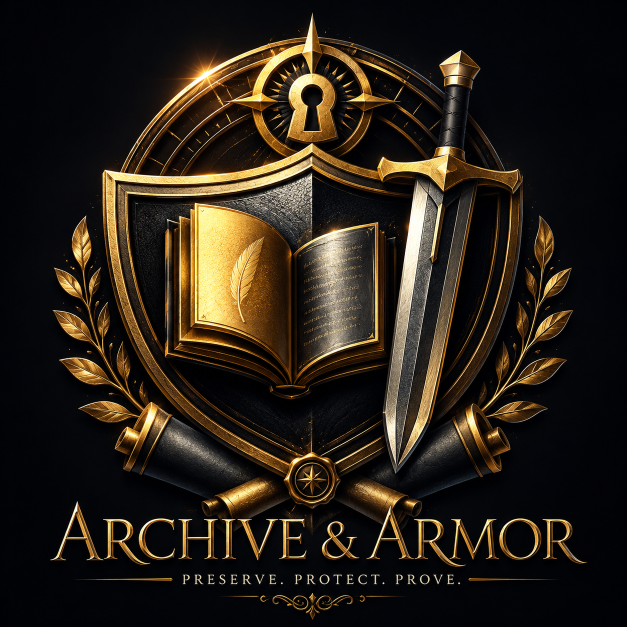 A gold and black emblem featuring a shield, an open book with a feather, a sword, a telescope, and laurel leaves. The text reads "Archive & Armor - Preserve. Protect. Prove."