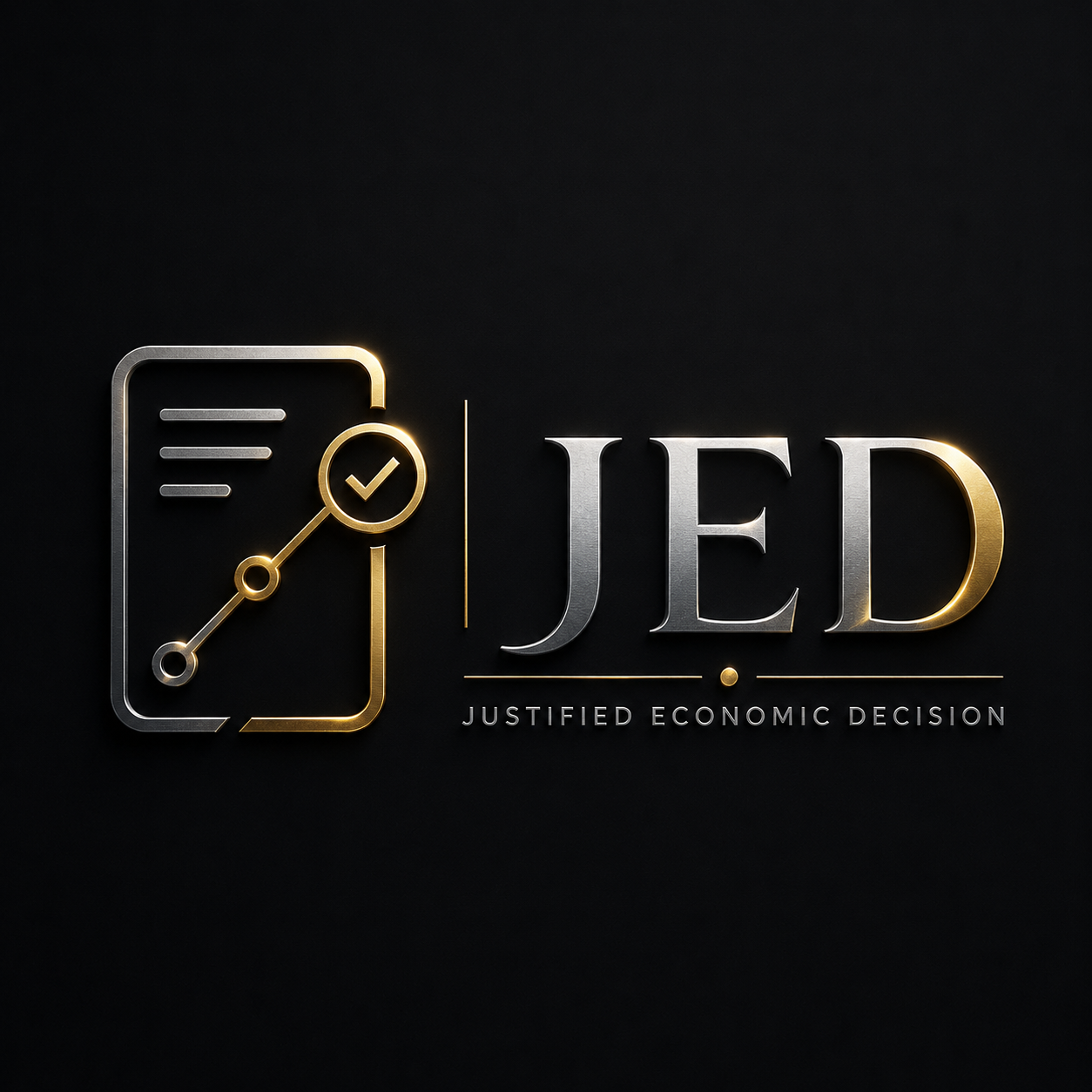 Logo with a stylized mobile device and a magnifying glass displaying a checkmark and a line graph, next to the text 'JED' with the subtitle 'Justified Economic Decision' on a black background.