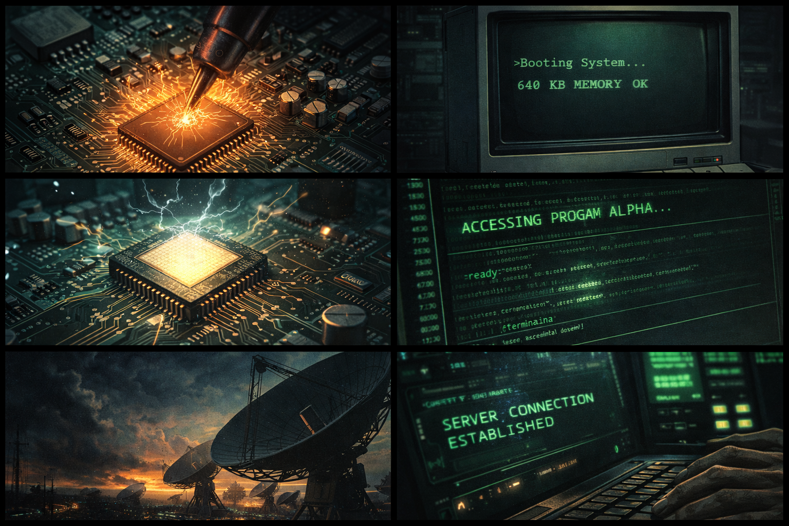 Collage of six images: circuit board with soldering iron, vintage computer booting with memory check, circuit board with energy discharge, computer screen with hacking code 'Accessing Program Alpha...', satellite dishes at sunset, computer screen showing server connection established.
