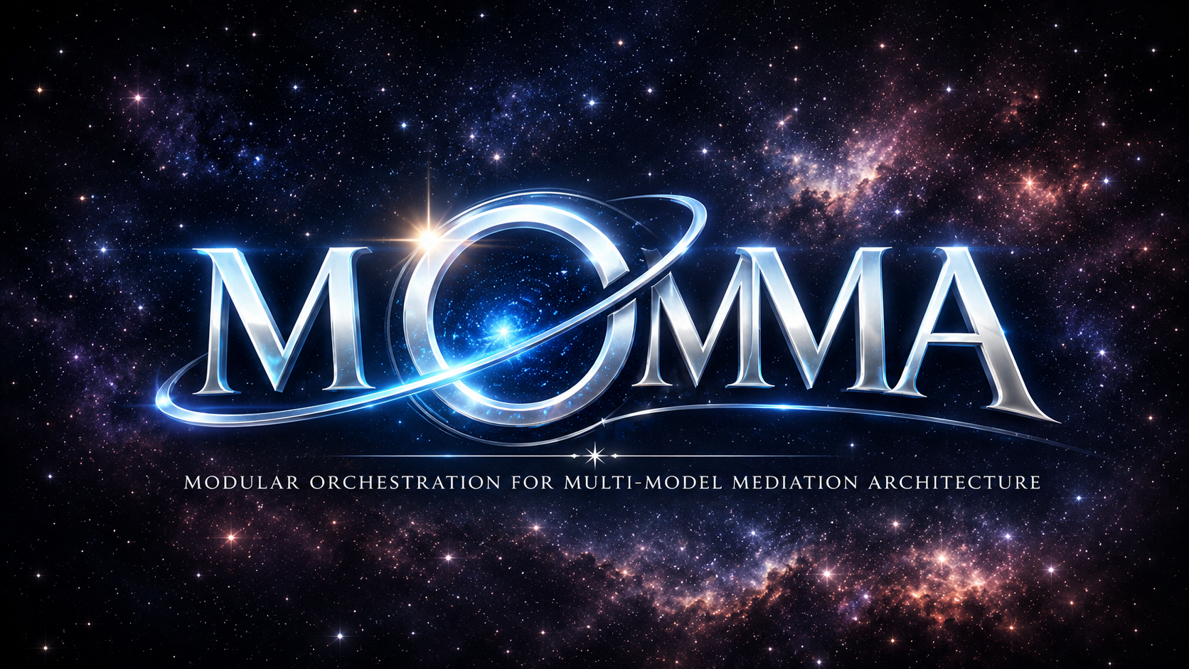 Logo for MODULAR ORCHESTRATION FOR MULTI-MODEL MEDIATION ARCHITECTURE (MOMMA) with a space background, stars, and galaxies.