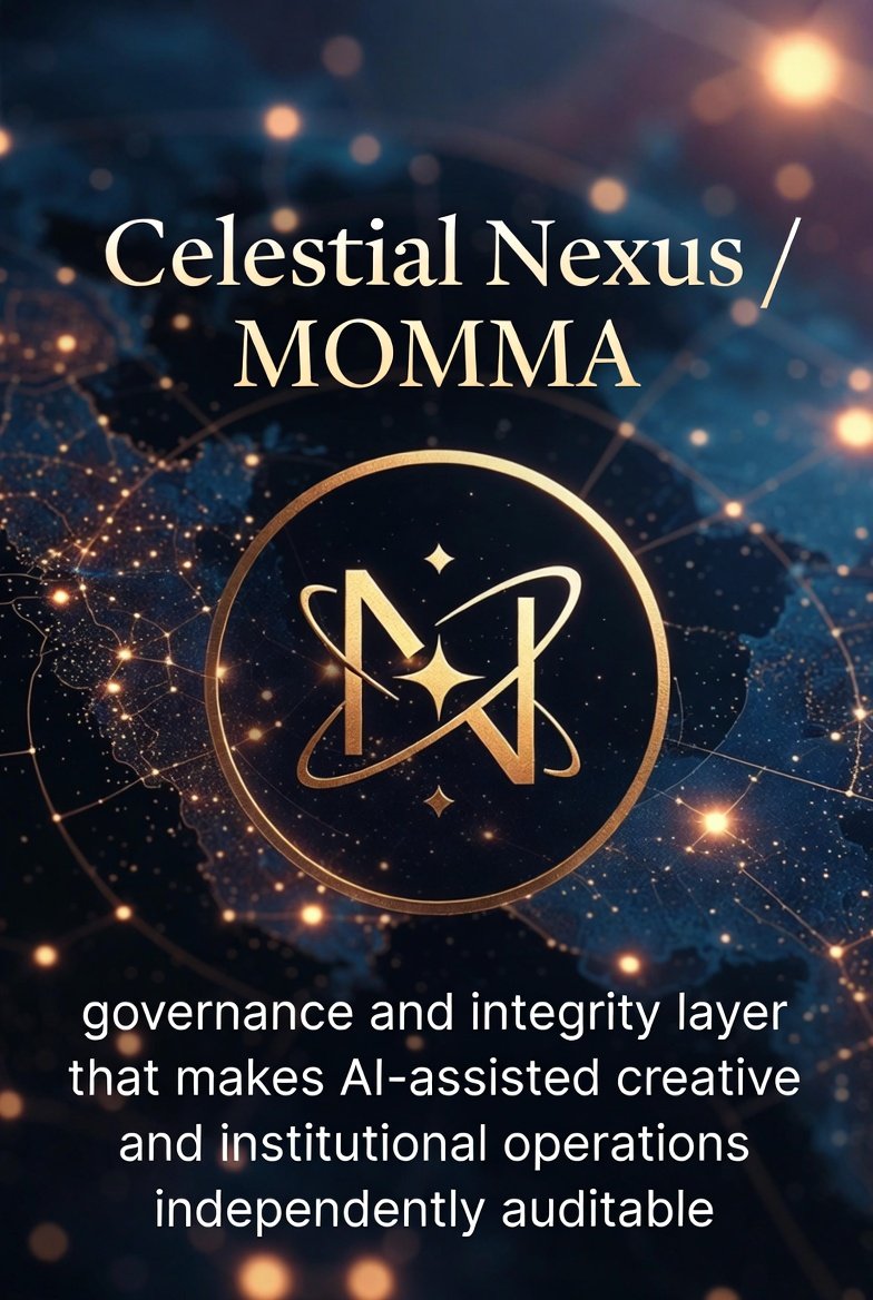 Graphic with the text "Celestial Nexus / MOMMA" above a stylized logo resembling an atom with orbiting rings and a star in the center, against a background of a starry night sky with a network of interconnected lights and lines. Below the logo, the text reads "governance and integrity layer that makes AI-assisted creative and institutional operations independently auditable."