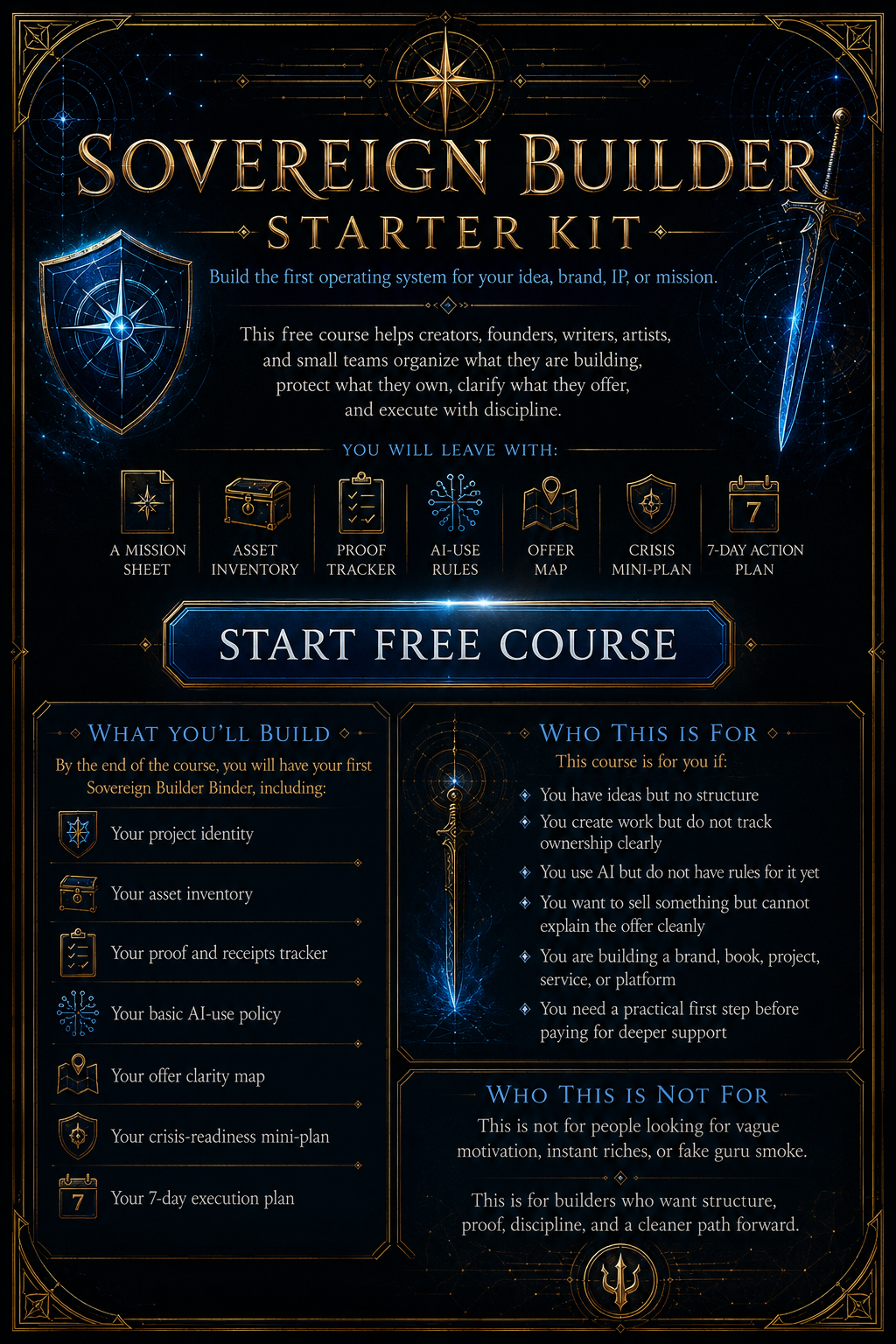 A promotional poster for the Sovereign Builder Starter Kit course. The design has a dark, space-themed background with gold and blue accents, featuring a shield and sword. It details what the course offers, who it's for, and who it's not for, along with a button to start the free course.