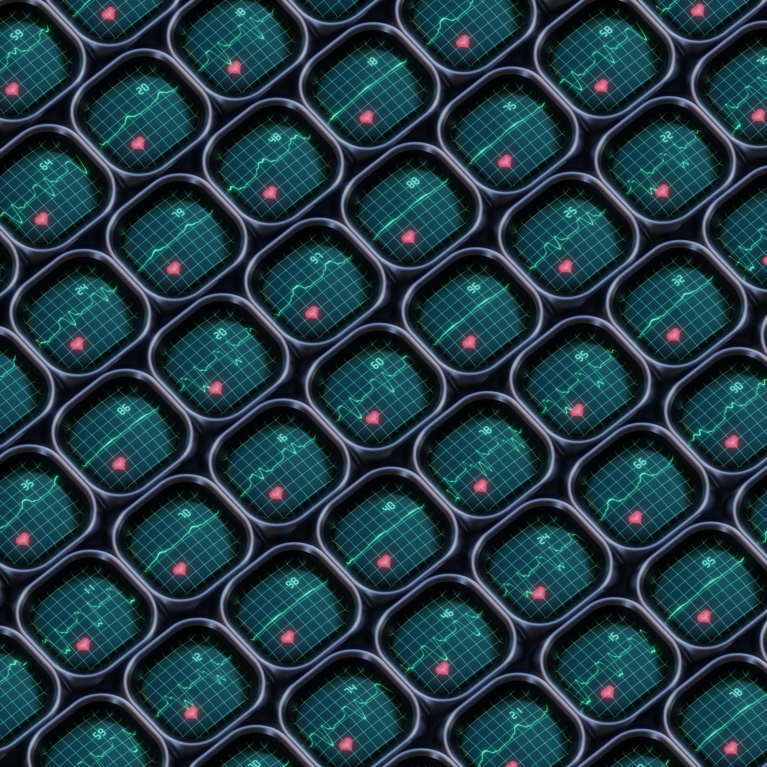Multiple computer screens displaying electrocardiogram readings with a heart symbol in the center of each screen, arranged in a grid pattern.