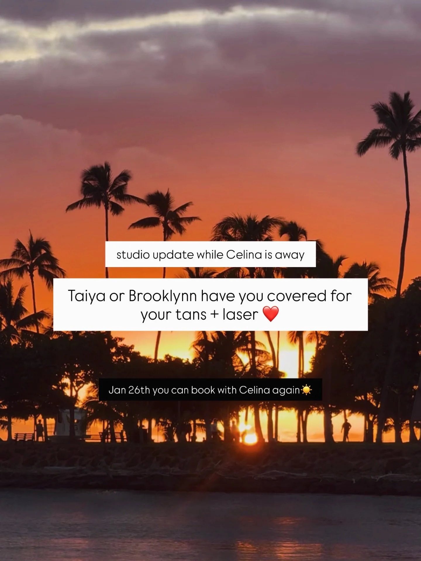 Hi all! Little studio update while Celina is away. You are in great hands with Taiya or Brooklynn. The waitlist option for Celina is still active but please note she will not be back until Jan 26th, so now is the perfect time to book in with either o