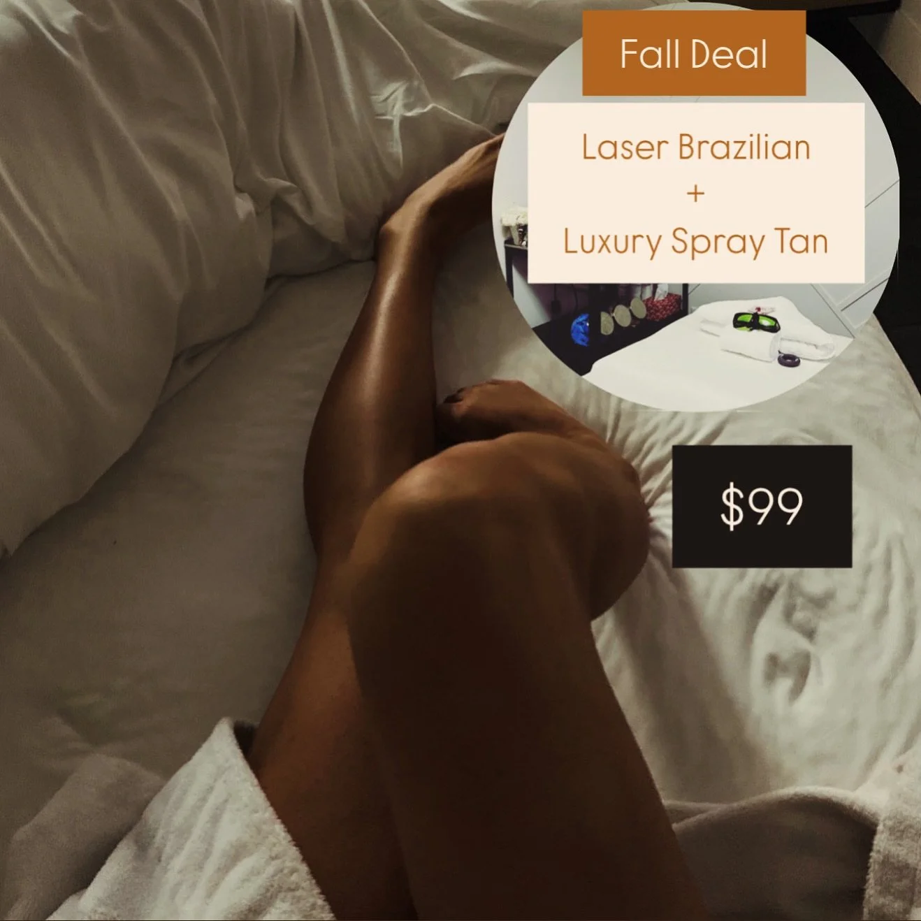 Back by popular demand! 
$99 luxury spray tan + laser brazilian session.

Don&rsquo;t wait on this one &amp; be hair free for next season ☀️
Purchase anytime from now-Nov 1st.
.
.
Please note you cannot do both services on the same day due to your sk