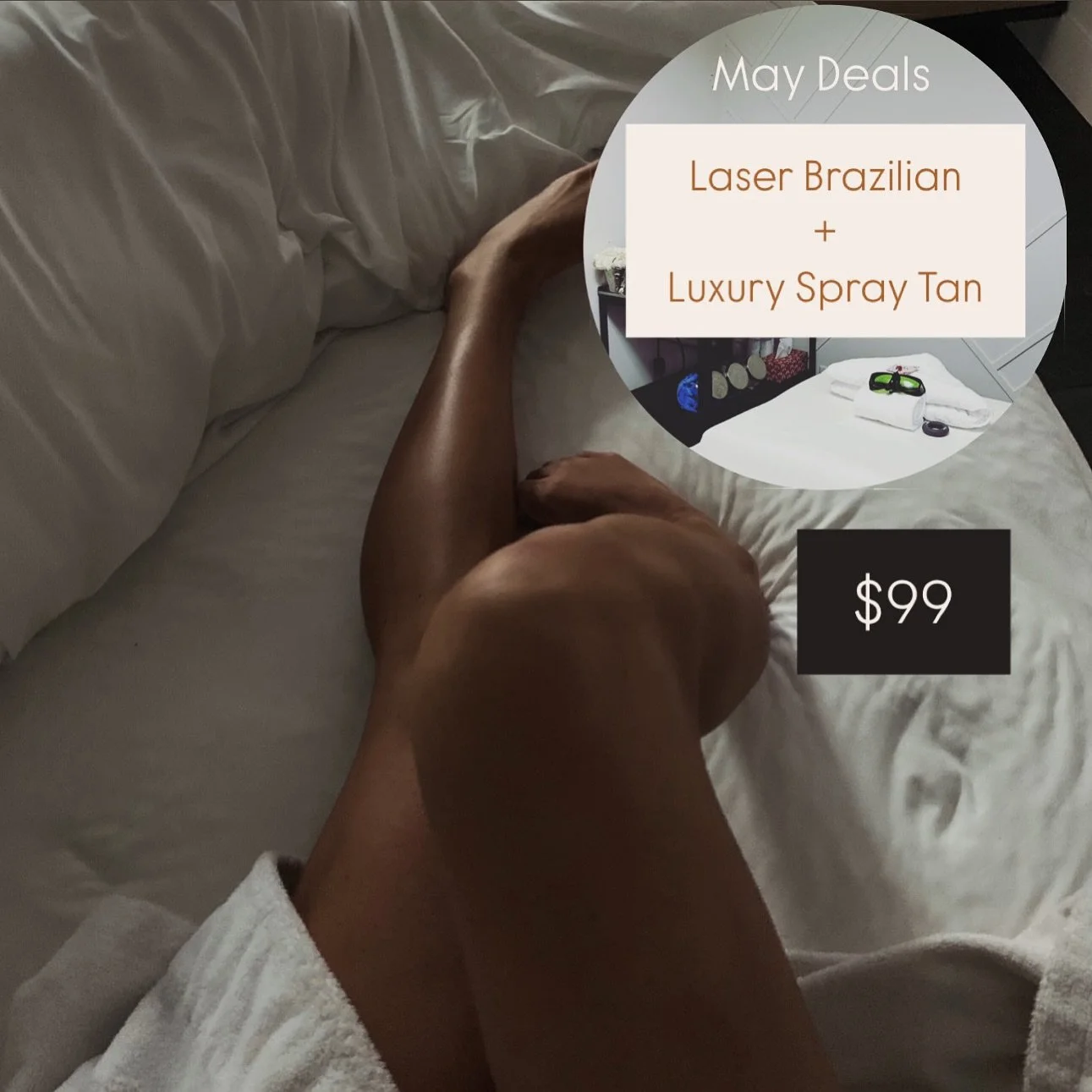 $99 for a luxury spray tan + laser brazilian session
.
Purchase anytime from now-May 31st.
.
.
Please note you cannot do both services on the same day due to your skin needing 24hrs after laser or 2 weeks post spray tan. But you can pre purchase this