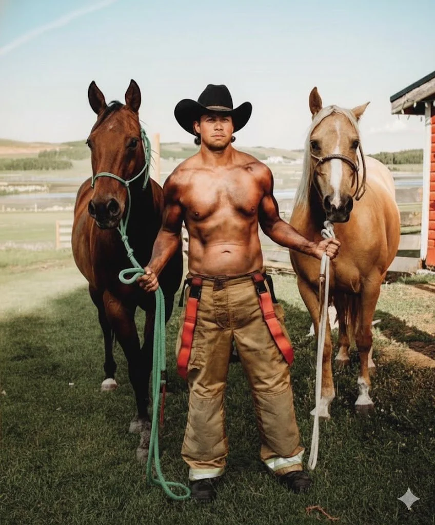 A shirtless man wearing a cowboy hat stands between two horses on a grassy field, holding the reins of each horse.