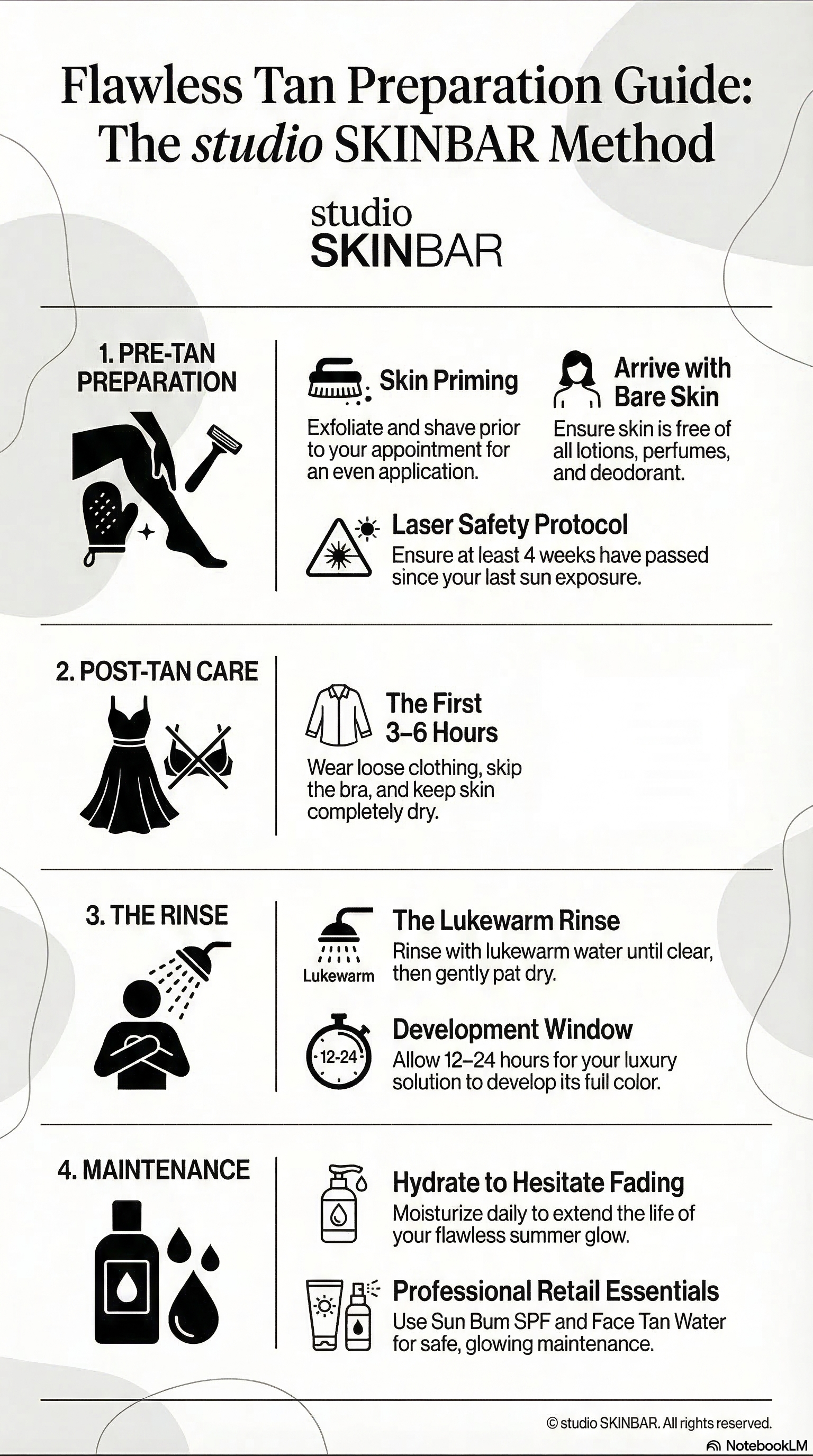 Instructions for flawless tan preparation and maintenance, including steps for pre-tan skin priming, arriving with bare skin, laser safety, post-tan care, skin rinsing, and skincare maintenance