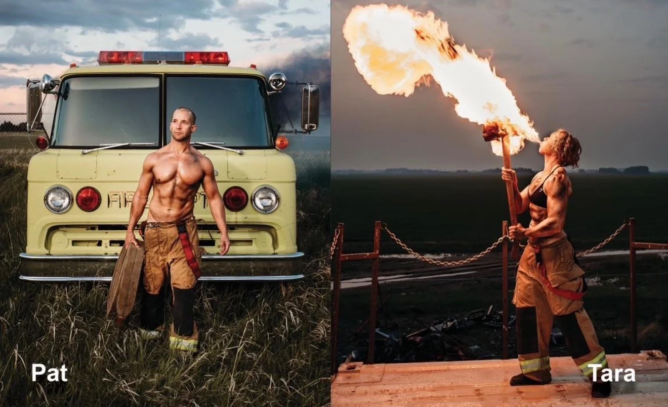 A shirtless firefighter standing in front of a yellow fire truck holding a rescue tool, on the left side. On the right side, a female firefighter is performing a fire-breathing act, holding a torch emitting flames, with a landscape in the background.