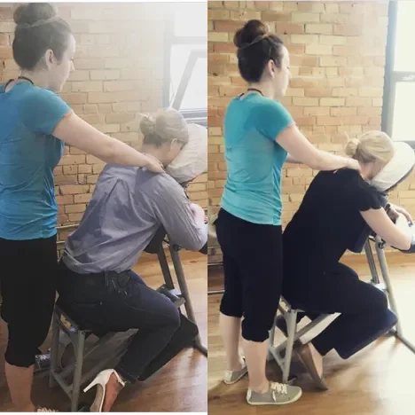 A woman providing a massage or chiropractic adjustment to a man seated in a chair, in a room with brick walls and a large window, shown in before and after images.
