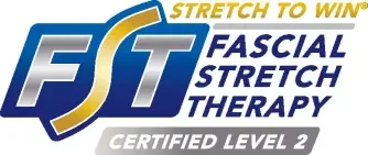 Logo for FST Fascial Stretch Therapy with the slogan 'Stretch to Win' and 'Certified Level 2' label.